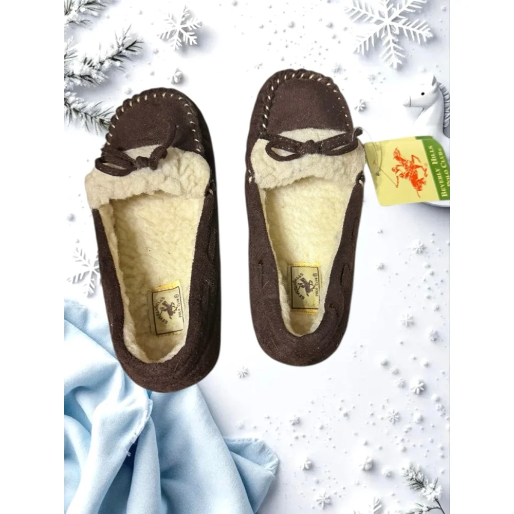 Beverly Hills Polo Club NEW Dark Brown Faux Suede/Sherpa Moccasin Shoes Girl 12
